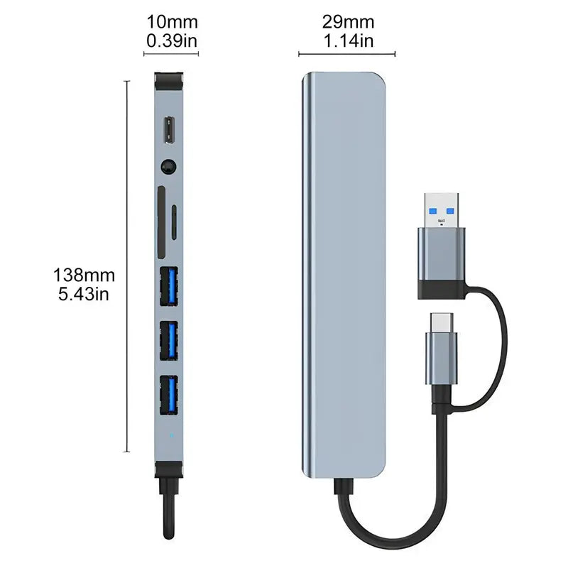 8 in 1 Aluminum HUB Type C 100W 5Gbps High Speed Adapter