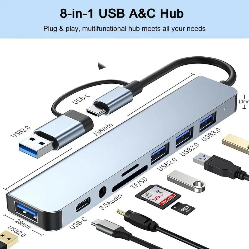 8 in 1 Aluminum HUB Type C 100W 5Gbps High Speed Adapter